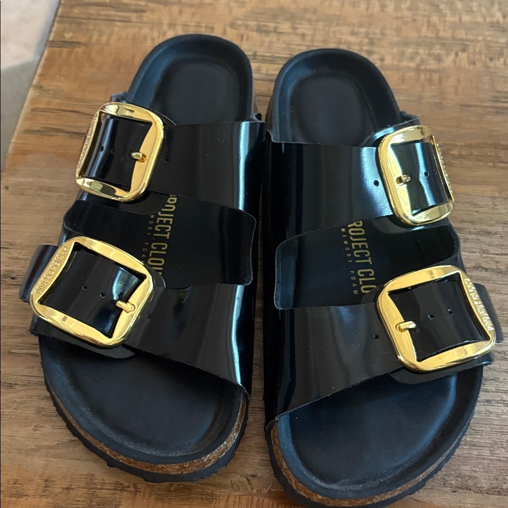 Black Sandals with Gold Buckles